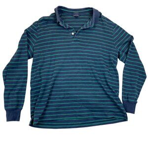 Lands End Mens Polo Shirt M 38-40 Striped Long-Sleeve Navy & Green 100% Supima